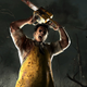 An image from Dead By Daylight depicting The Cannibal (a.k.a. Leatherface) standing above the camera, waving his signature chainsaw over his head.